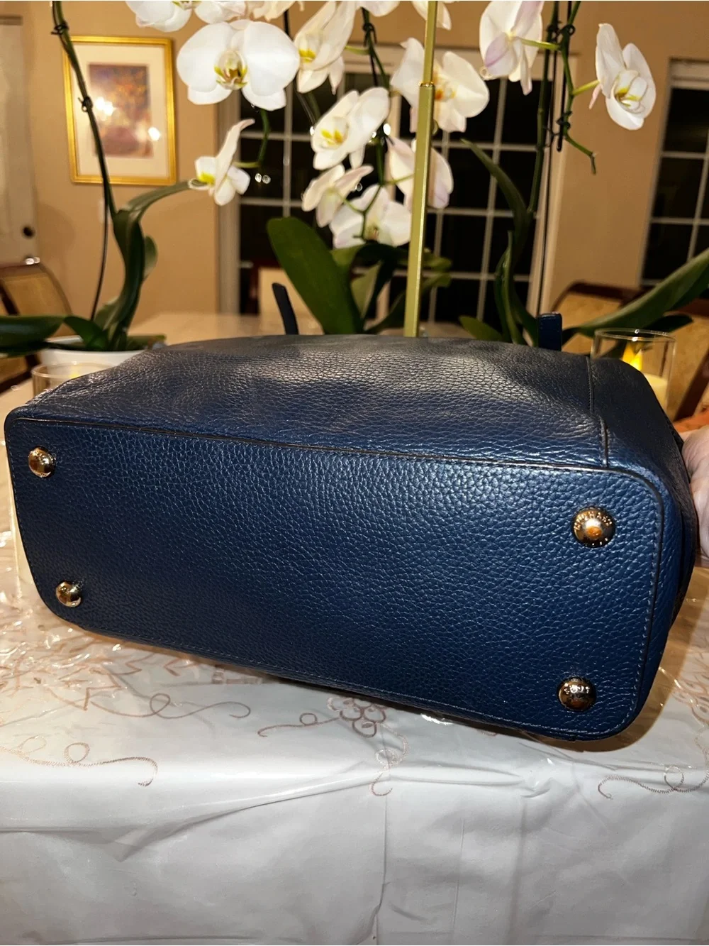 Michael Kors Jet Set Navy Pebbled Leather Tote Bag Gold Hardware MK Charm Large - Picture 10 of 16